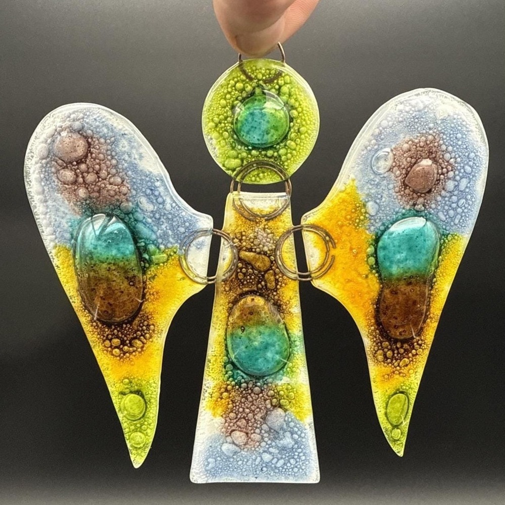 Vintage Fused Art Glass Angel Decoration - Blue Green Yellow Purple 6.5in